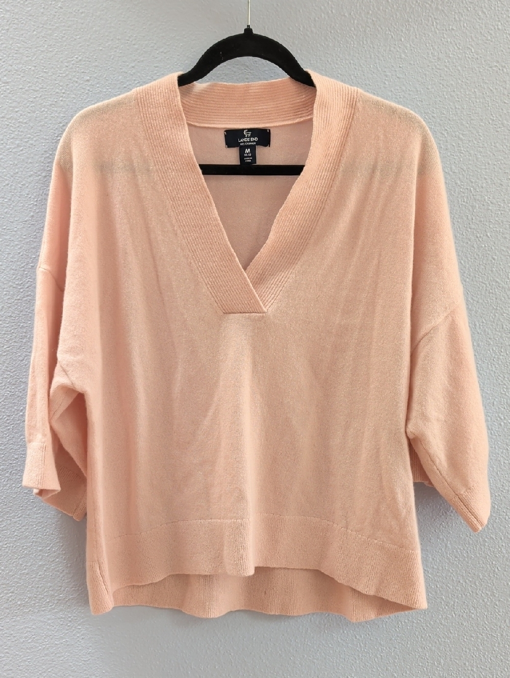 Lands' End Light Pink 100% Cashmere V-Neck 3/4 Sleeve Knit Sweater